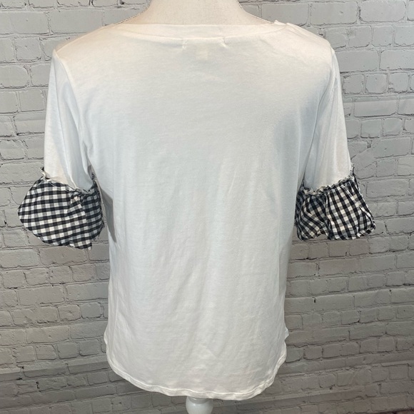 PAPER + TEE T-Shirt Ruffled Sleeve White w Black/White Checks-Large - Picture 3 of 3
